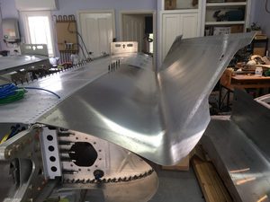 Example of original fuel tank skin laid back-to-back and used to mark the nominal position of holes on the custom skin