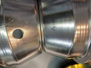 6" hub showing V shaped alignment mark. Also note lack of chamfer around valve tube hole edge