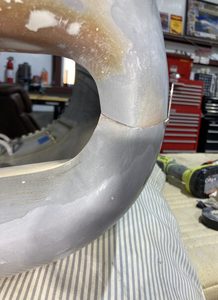 Front after corrective sanding so they match up. Note the amber flox peeking through after sanding away the fiberglass as needed. Got a nice tight seam too. Aesthetically pleasing.